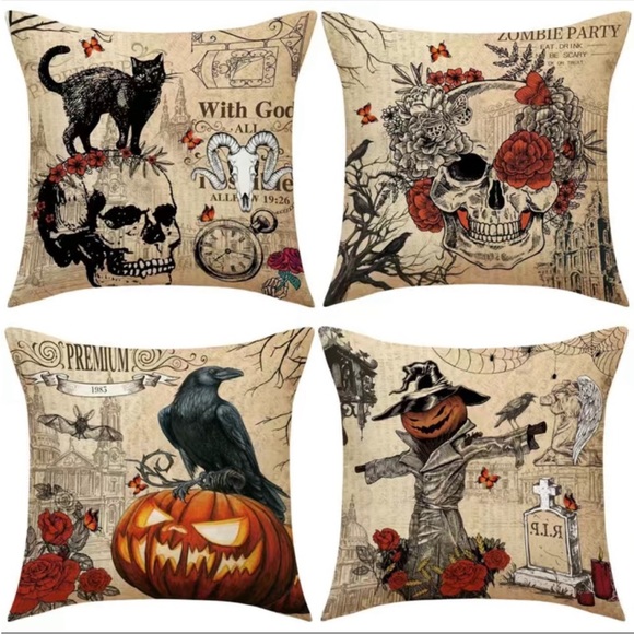 4pcs Vintage Halloween Throw Pillow Covers For Black Cat/Crow/Pumpkin/Skull Thro - Picture 1 of 10